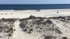 Una playa de arena con un camino de madera que lleva al agua.
