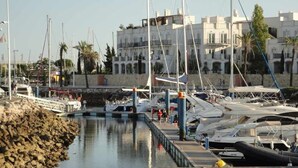 A marina with boats docked, a wooden pier, and buildings in the background.