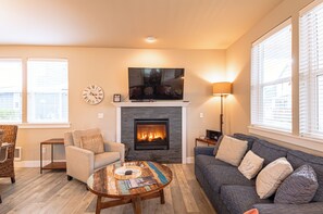 Télévision, cheminée, lecteur de DVD