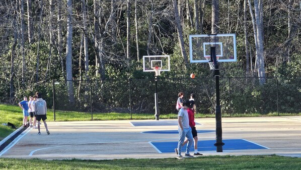 An outdoor basketball court with two hoops, surrounded by a chain-link fence and trees.