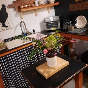 Fridge, microwave, coffee/tea maker, cookware/dishes/utensils