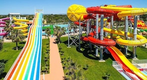 A water park with multiple slides and pools.