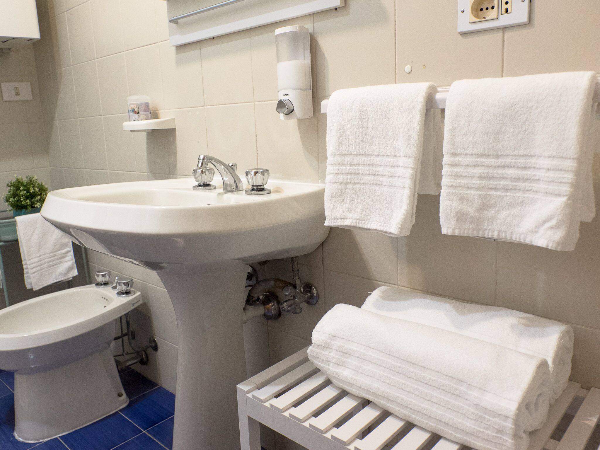 Shower, hair dryer, bidet, towels
