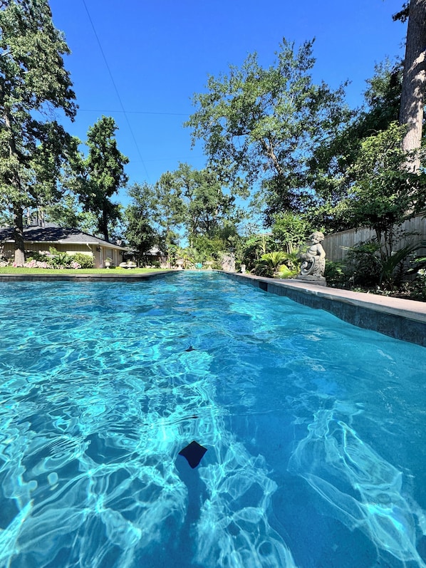 Piscina límpida cercada por árvores e uma vedação de madeira.