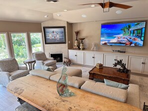Smart TV, fireplace, books, stereo