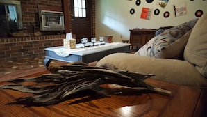 A living room with a sofa, a coffee table with decorative items, and a fireplace with a brick wall and a window. - Backyard splendor!!! (Story)