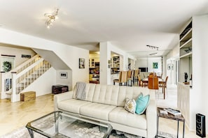 TV, fireplace, books