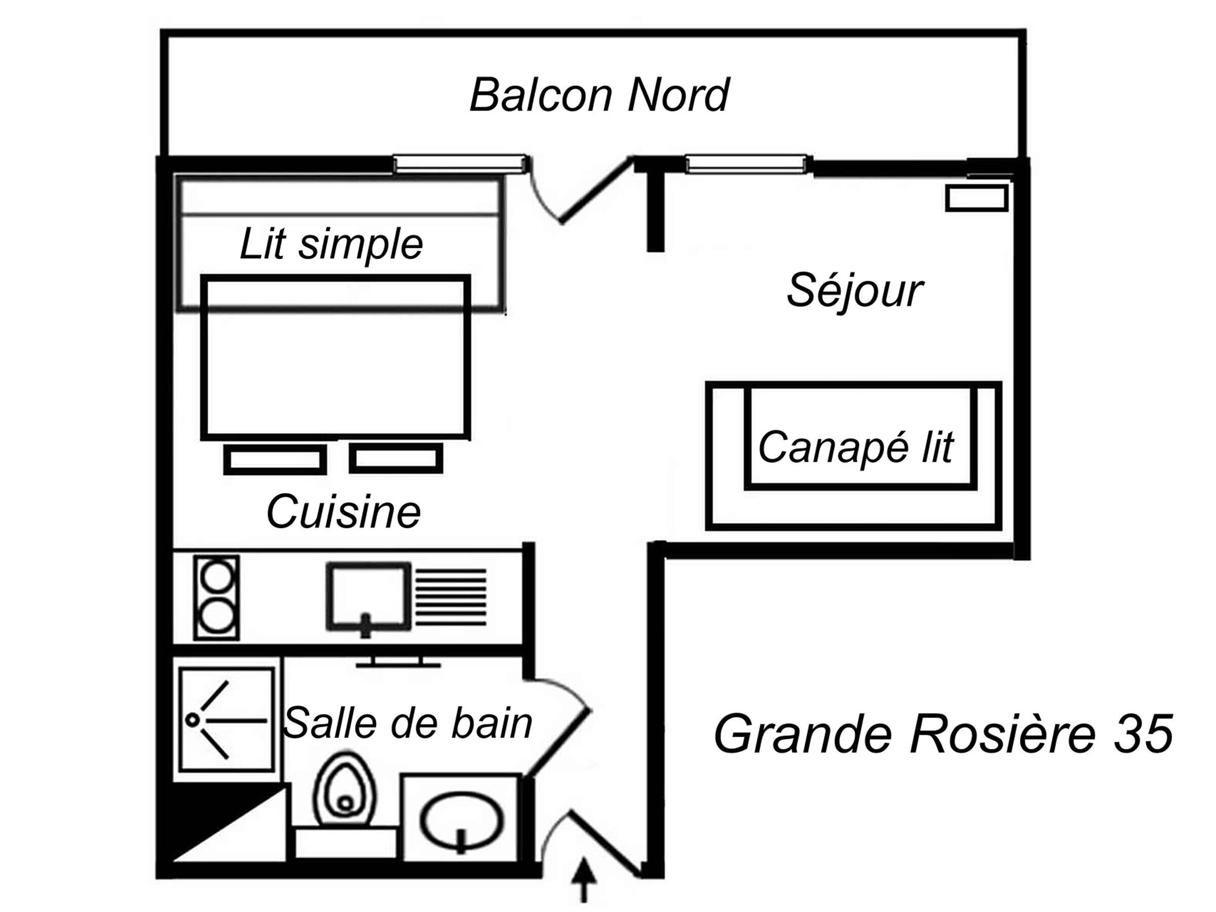 A hotel layout with a balcony, a simple living room, a dining area, a bedroom, a bathroom, and a large bathroom.