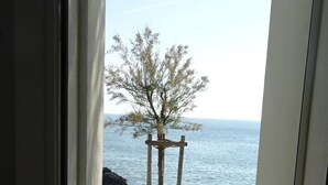Una puerta que da a una playa, con una cerca de madera y un árbol.