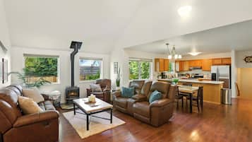 Smart TV, fireplace, books
