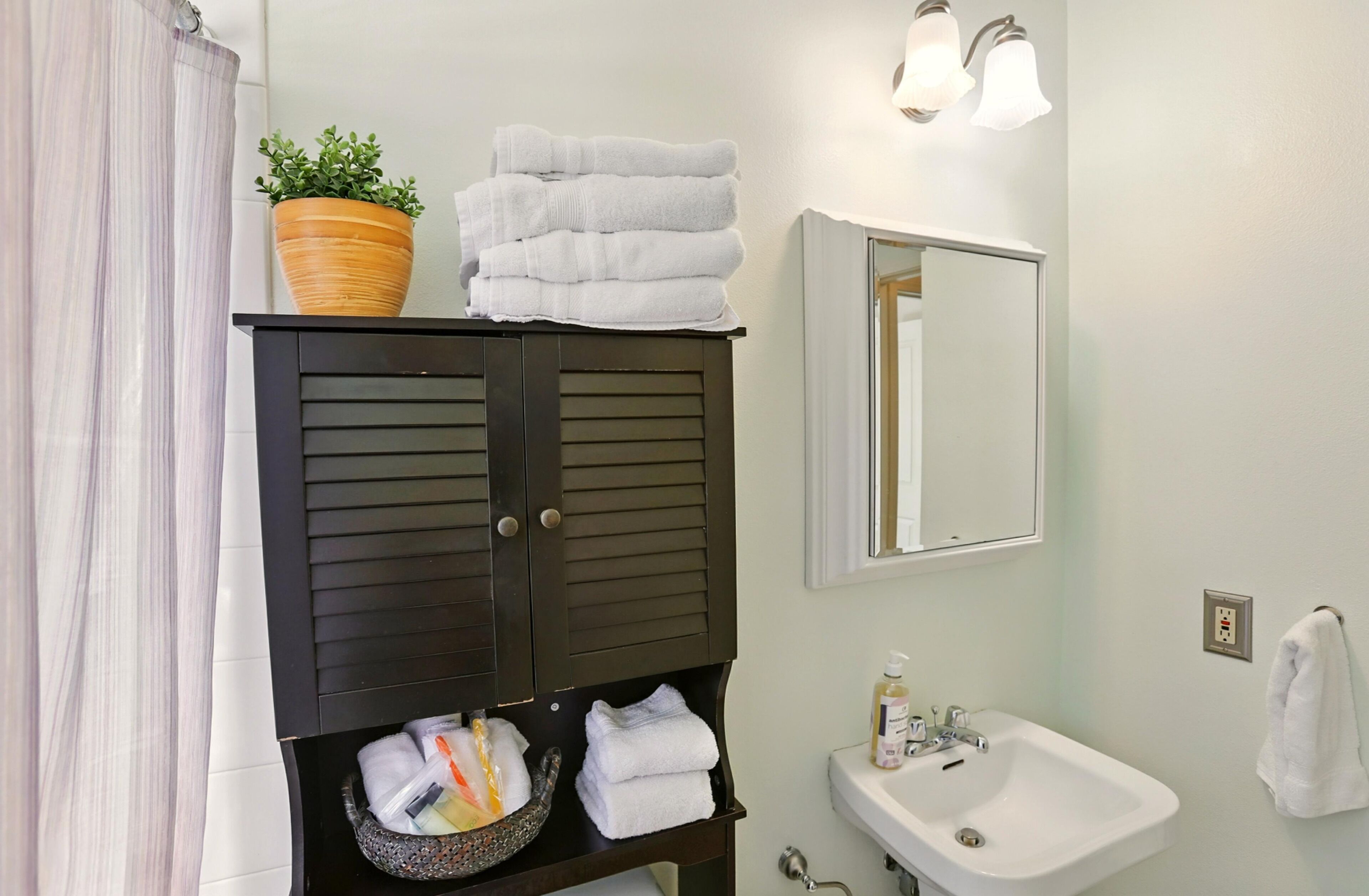 A bathroom with a dark wooden cabinet, a sink, a mirror, and a potted plant.