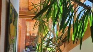 A potted plant in a corner of a room with a wooden floor and a view of a wooden structure outside. - Chalet Abendrot apARTments by Interhome (Grindelwald)