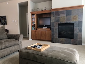 Un salon comprenant un canapé, un pouf, un meuble de rangement en bois pour appareils multimédias, un téléviseur à écran plat et une cheminée en pierre.
