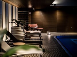 A modern indoor pool area with lounge chairs, a small table, and a potted plant.