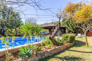 A swimming pool surrounded by tropical plants and a wooden gazebo.