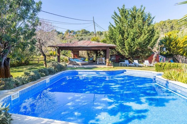A swimming pool with a pergola and lounge chairs, surrounded by greenery and trees.