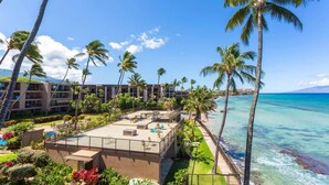 Un hotel con piscina, palmeras y vistas al océano.