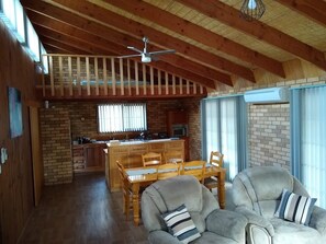 TV, fireplace, DVD player, books