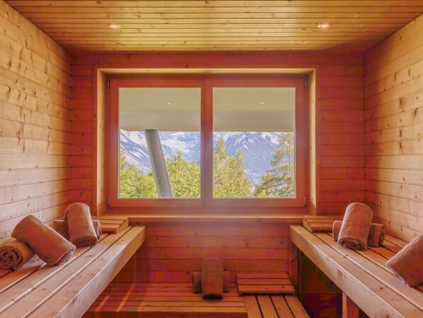 A sauna room with wooden benches, a large window, and a view of mountains.
