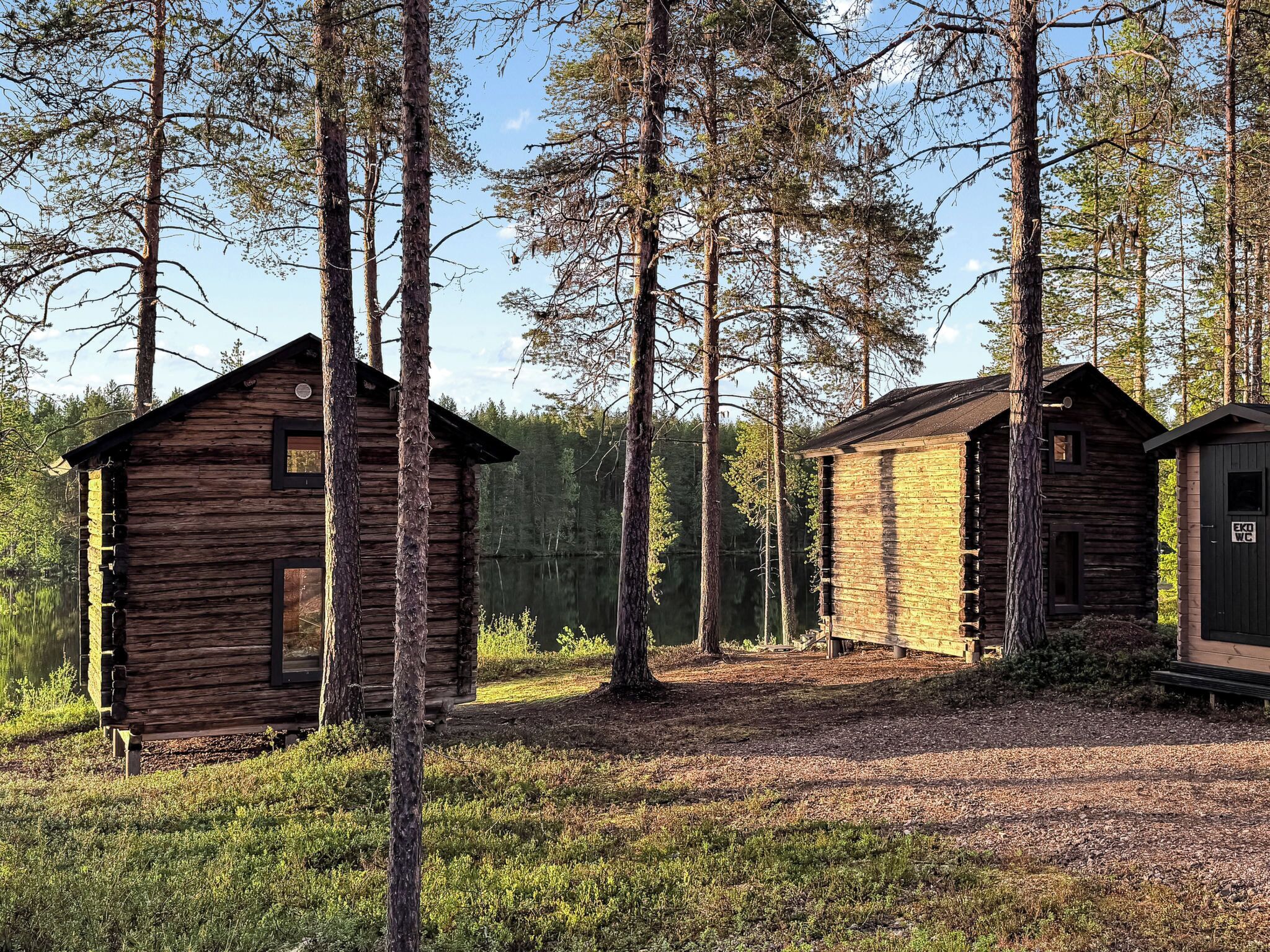 Una cabaña rústica con fachada de madera, un pequeño porche y vistas despejadas del bosque circundante.