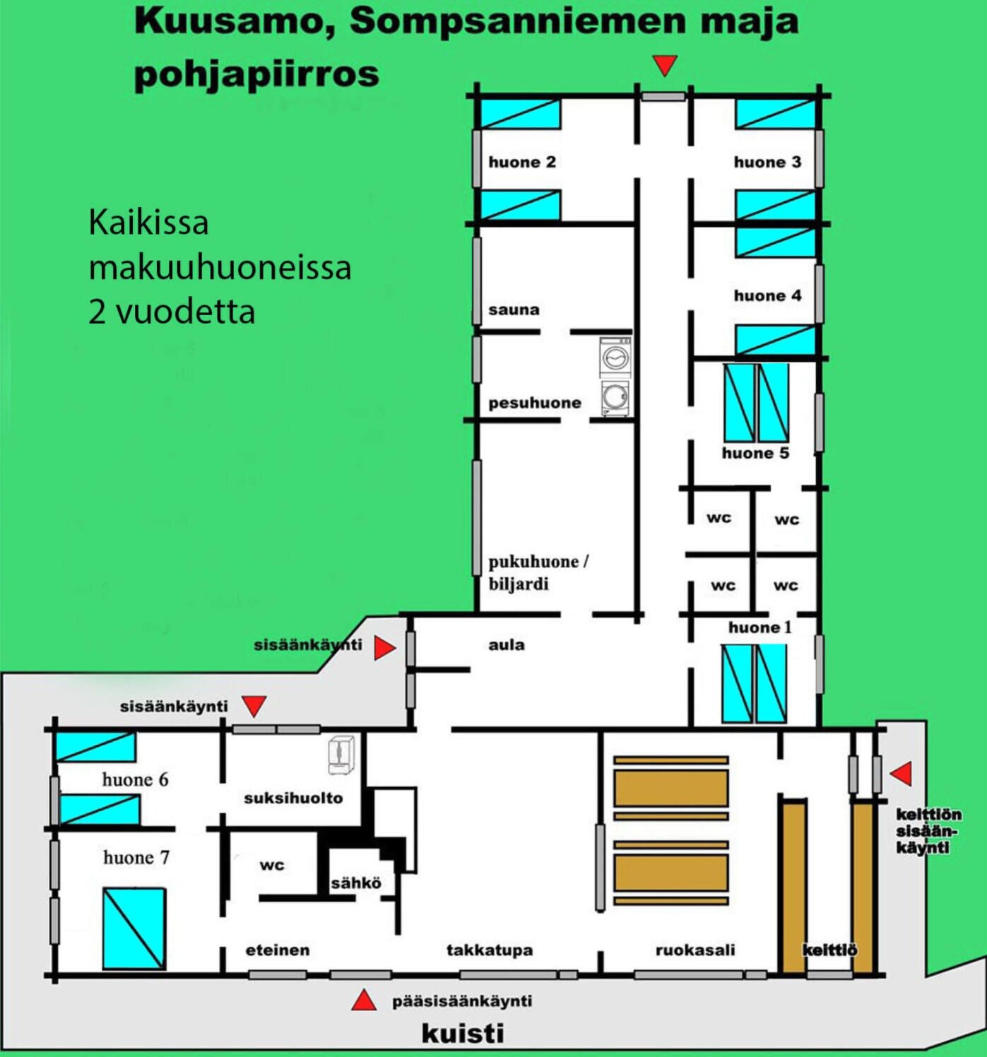 Plano de planta de un hotel que muestra varias habitaciones, una sauna, una cocina y un área de almacenamiento.
