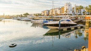 A marina with boats docked, a waterfront promenade, and buildings with balconies.