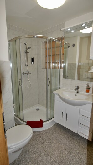 Family Room | Bathroom | Shower, hair dryer, towels, soap - Pension Metilstein (Eisenach)