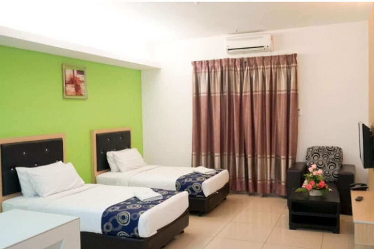 A hotel room with two single beds, a TV, a small table with a flower vase, and a window with curtains.