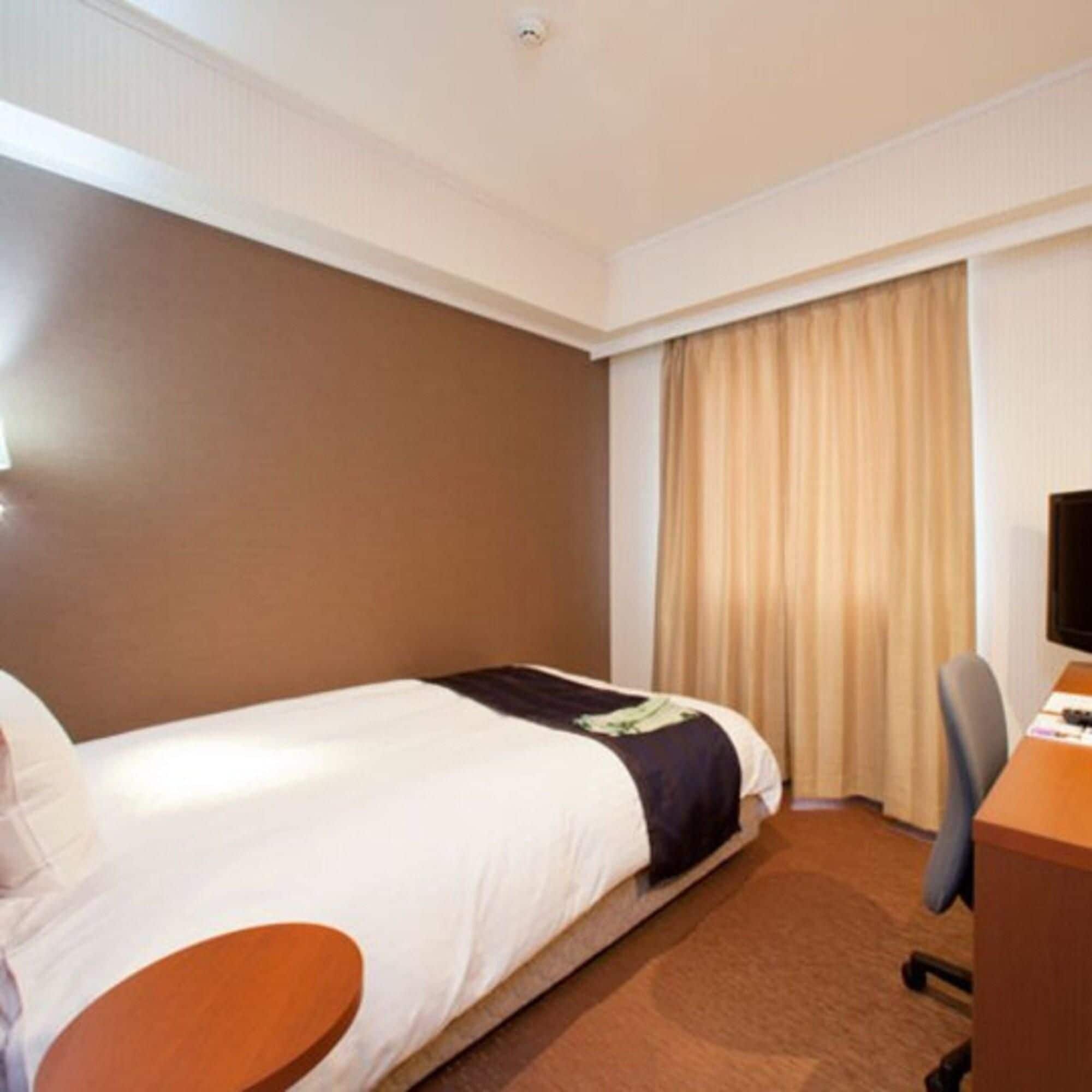 A hotel room with a bed, a desk, a chair, and a television.