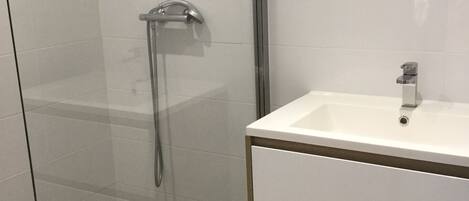 Shower, hair dryer, towels