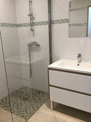 Douche, séchoir à cheveux, serviettes fournies
