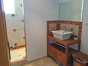 Shower, hair dryer, towels