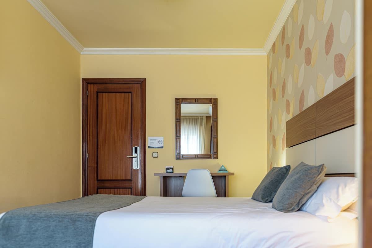 A hotel room with a bed, a desk, a chair, a mirror, and a door.