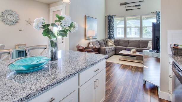 A modern kitchen with granite countertops, a dining area with a chair, a living room with a sofa, and a television. - Beautifully appointed home, ADA accessible and hot tub (Ocean Shores)