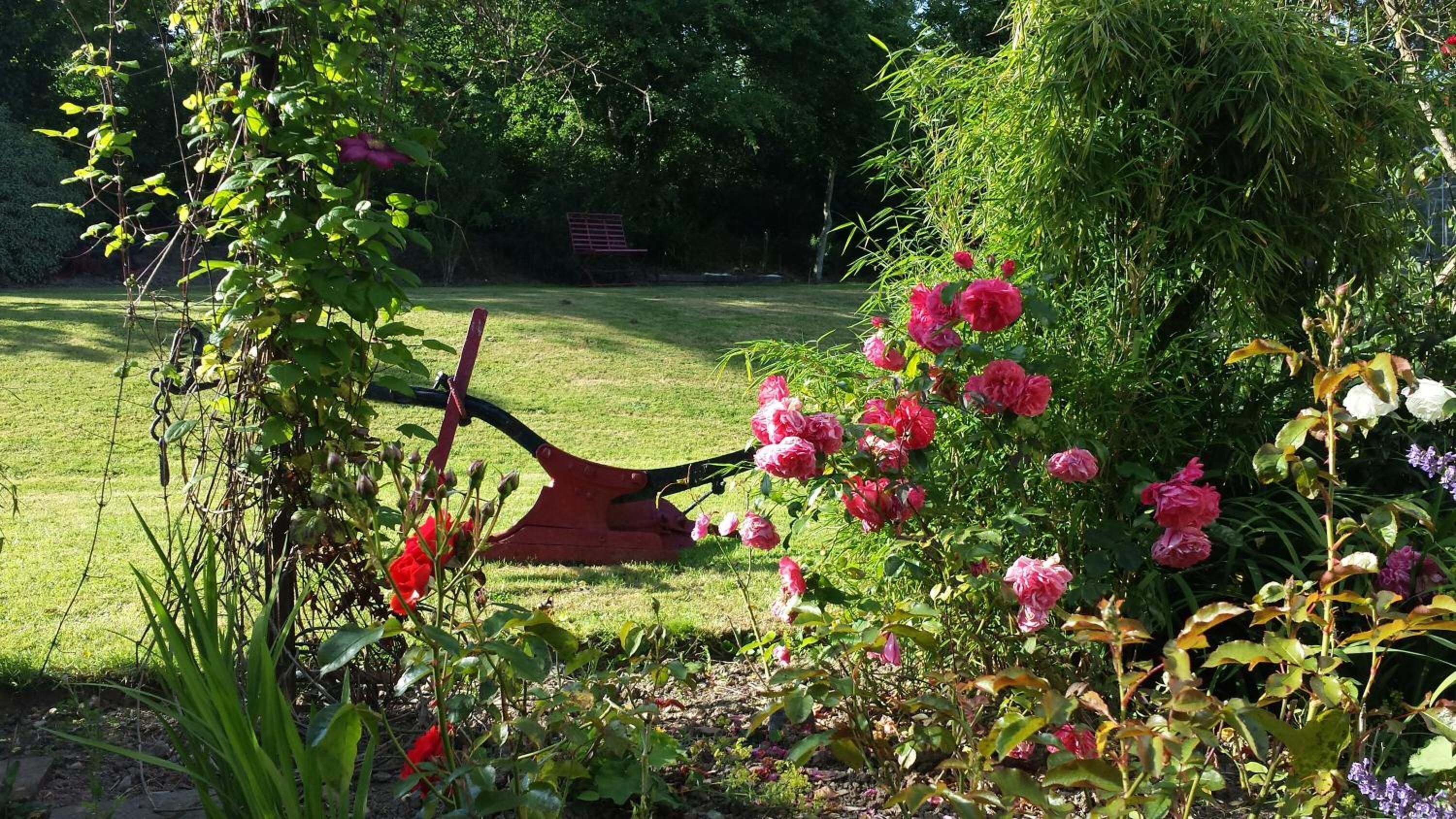 A garden with a variety of plants and flowers, including pink roses, and a wooden structure in the center.