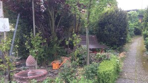 Un giardino con una panchina in legno, una fontana in pietra e un vialetto sterrato.