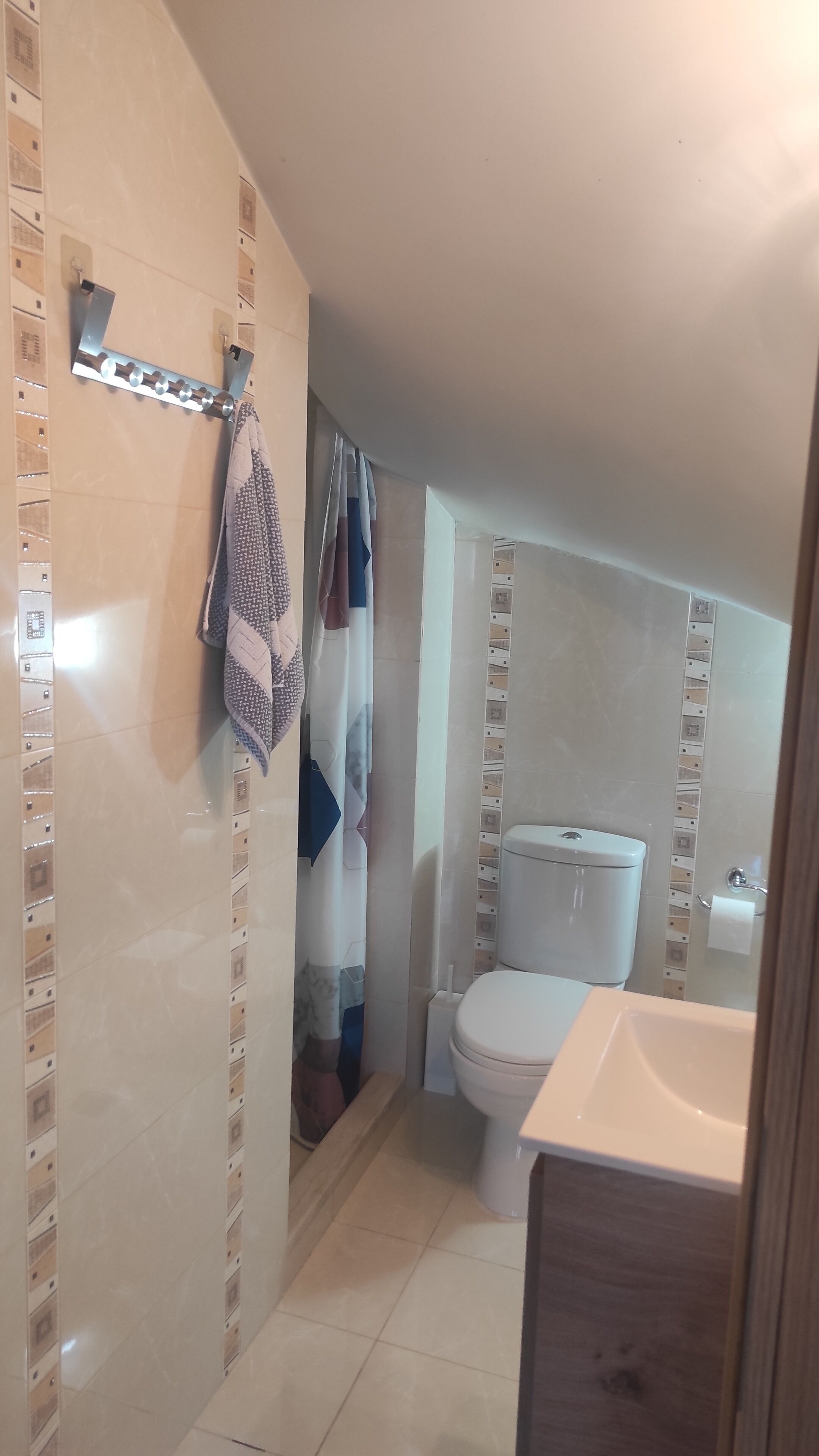 A bathroom with a toilet, sink, and shower area.