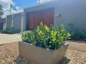 A modern building with a large wooden door, a concrete planter with green shrubs, and a flag on a pole. - Timebridge Mansion (Johannesburg)
