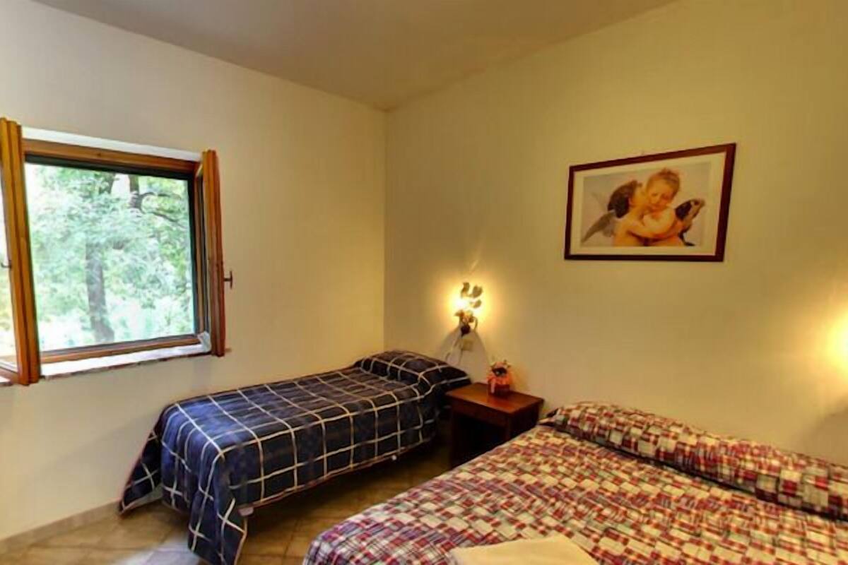 Una habitación con dos camas, una ventana, un cuadro colgado en la pared y dos lámparas de pared.