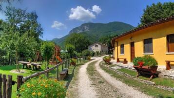A rural village with stone buildings, a dirt path, wooden fences, and potted plants.