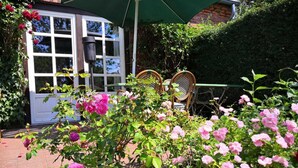 A garden with pink roses, a white building with windows, and wicker chairs.