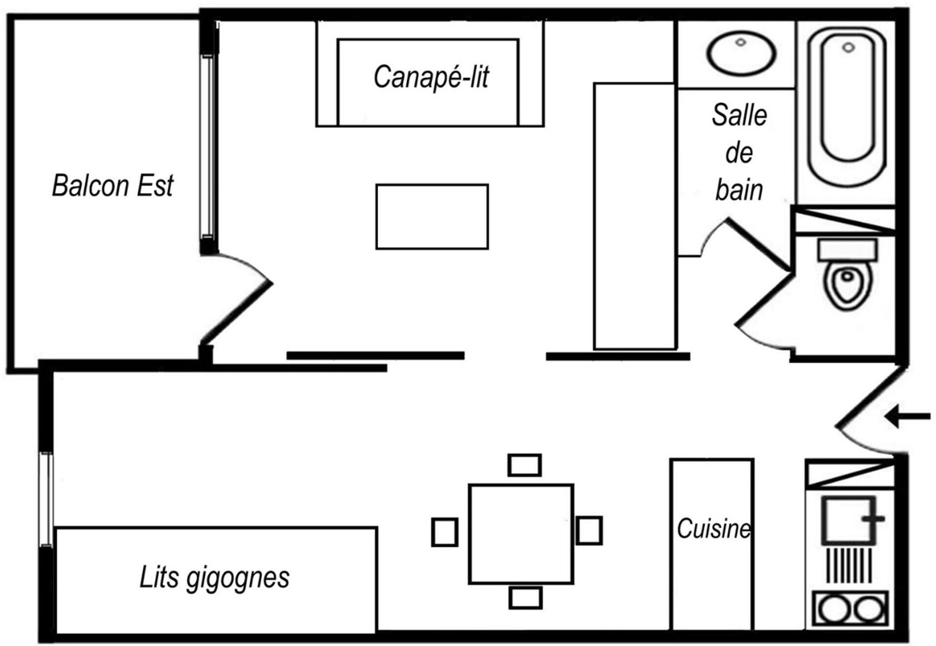 A hotel room layout with a balcony, ensuite bathroom, kitchenette, and a dining area.