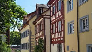 A traditional European street with timber-framed buildings, a cobblestone street, and a red flower in the foreground. - Winzerhäusle Meersburg (Meersburg)