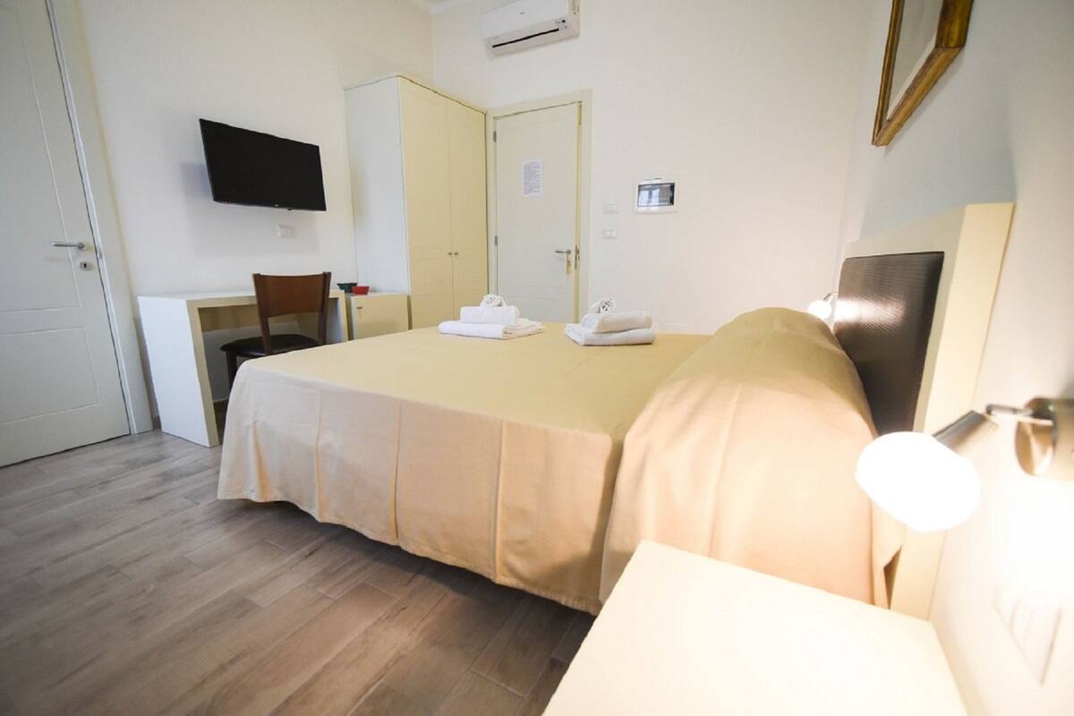 Una habitación de hotel con cama, escritorio, silla, televisor y espejo.
