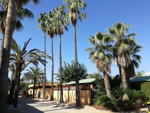 A gated entrance with palm trees, a building with a green roof, and a clear blue sky. - Camping Enmar (Pineda de Mar)