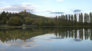 A serene landscape with a castle on a hill, a calm lake reflecting the scene, and dense trees lining the shore.