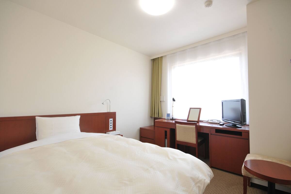 A hotel room with a bed, a desk, a chair, a television, and a window with curtains.