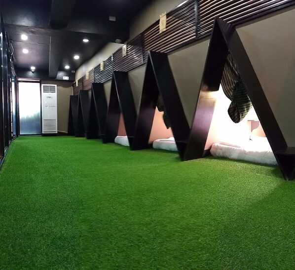 A room with artificial grass flooring, a large window with blinds, and a door. - 3BU Hostel Baguio (Baguio)