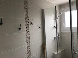 Shower, hair dryer, towels