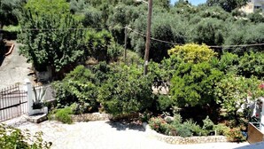 A garden with stone pathways, various plants, and a fence. - Galini beach studios (Corfu)